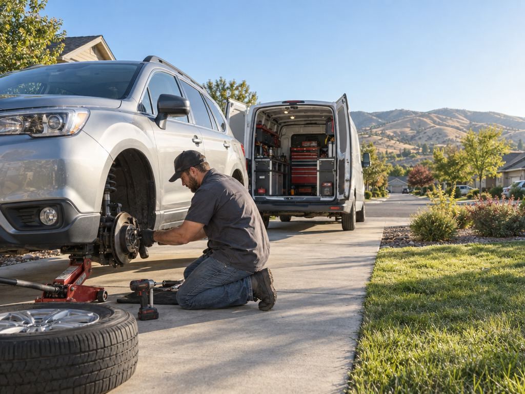Mobile mechanic repairing an SUV in a Boise driveway, service van behind